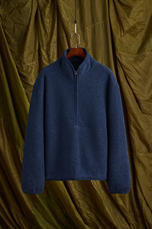 Wool Boucle Half Zip in Denim